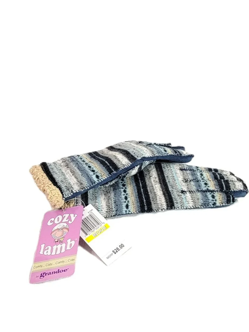 NWT Grandoe Cozy Lamb Striped Knit Sherpa Lined Mittens Size M Blue Gray